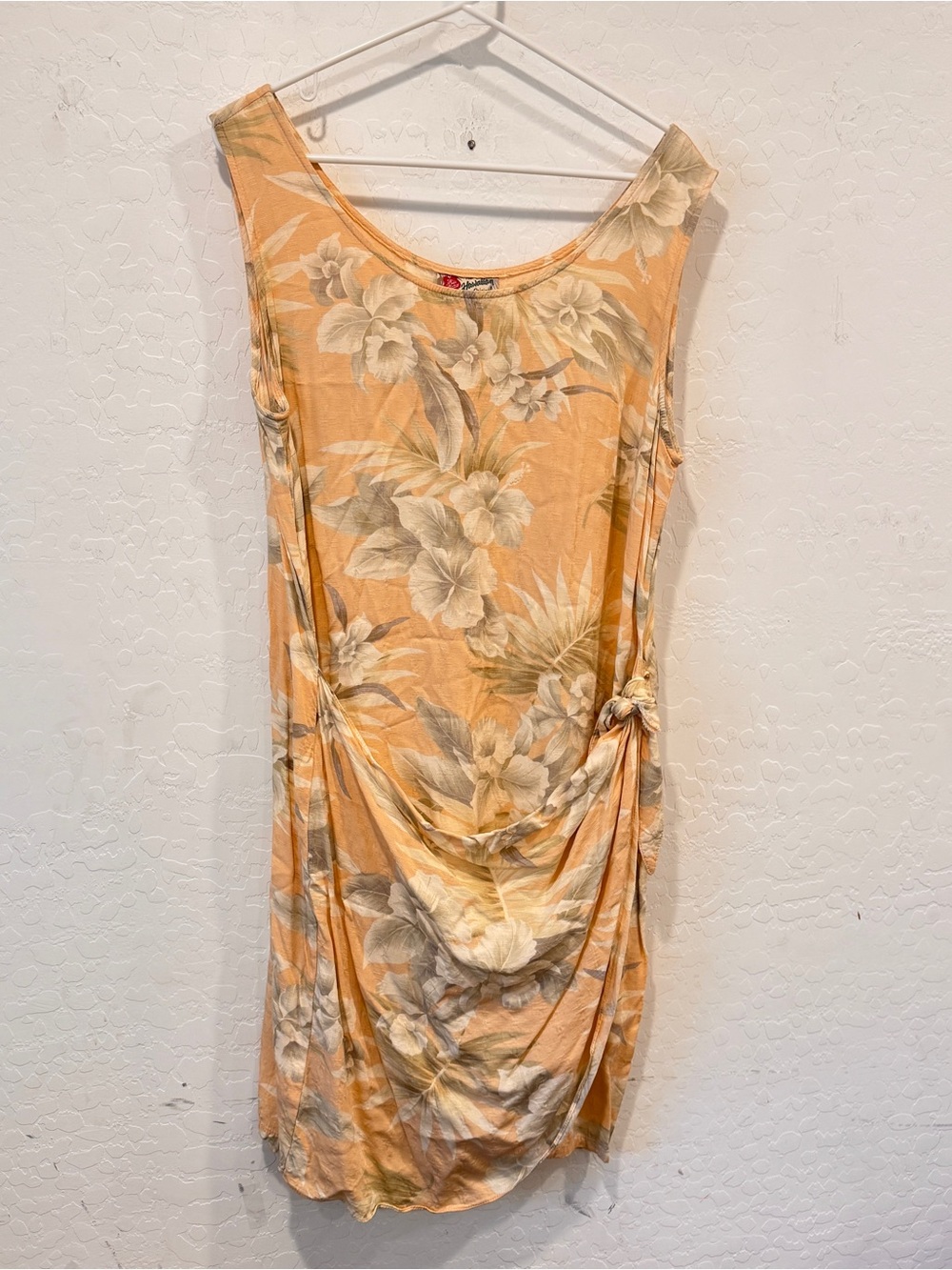 Hilo Hattie Peach Draped Mini Dress Womens XL Tropical Floral Vacation Beach